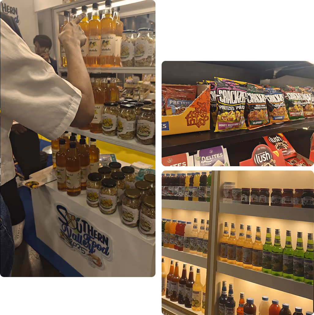 Retail shelves and product tastings reviewed during in-market buyer outreach.