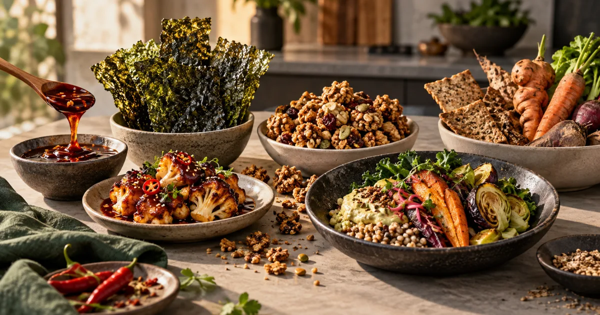 Editorial illustration of seaweed crisps, granola, and vegetable dishes