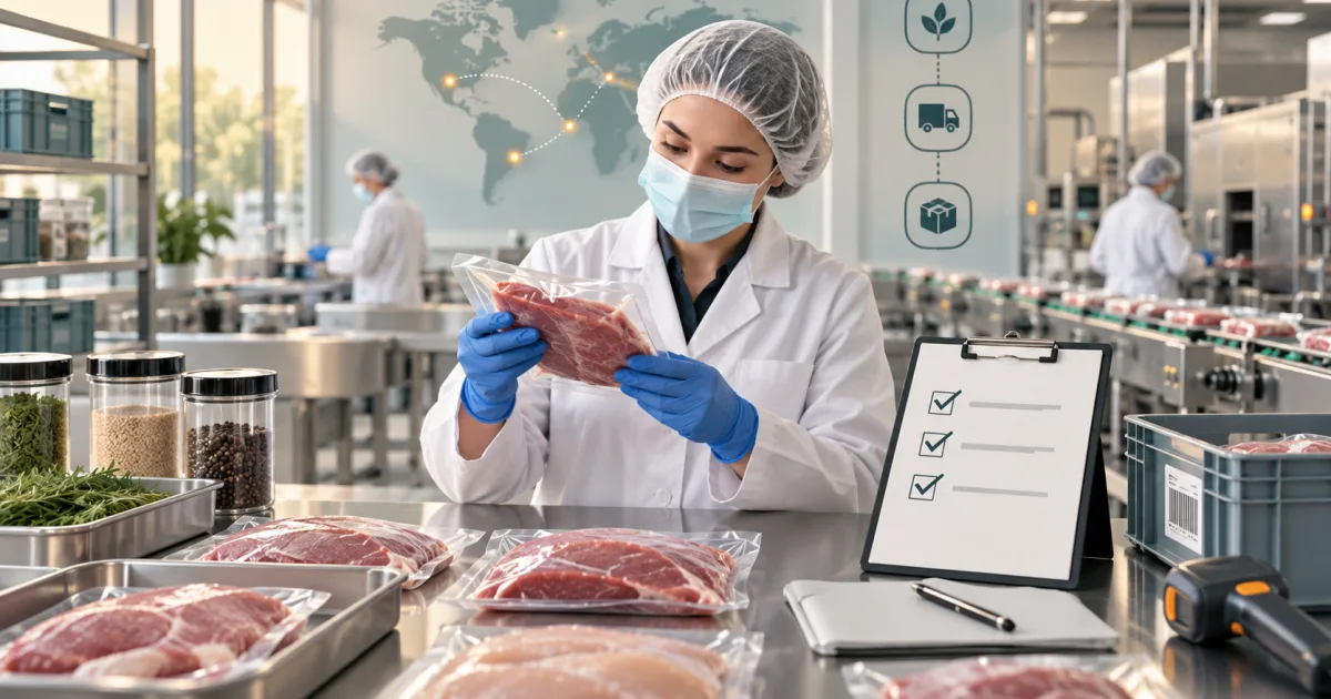 Editorial illustration of a masked worker examining sealed meat packages