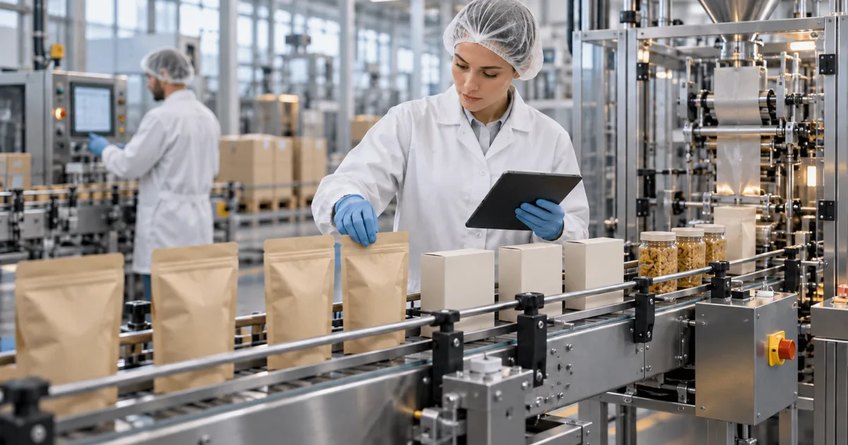 Editorial illustration of two workers monitoring blank food packages on a production line
