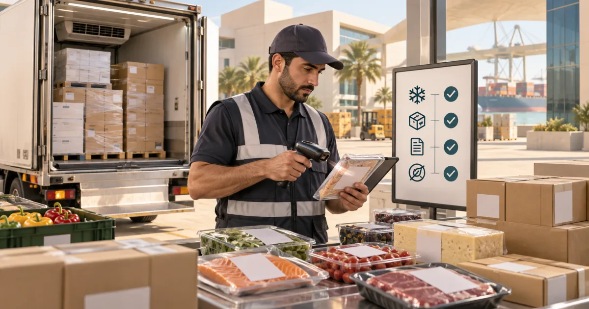Editorial illustration of a worker scanning packaged foods beside a refrigerated shipment