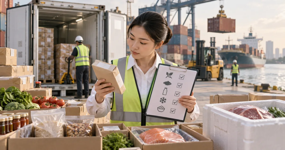 Editorial illustration of a worker checking packaged foods beside a shipment at a port