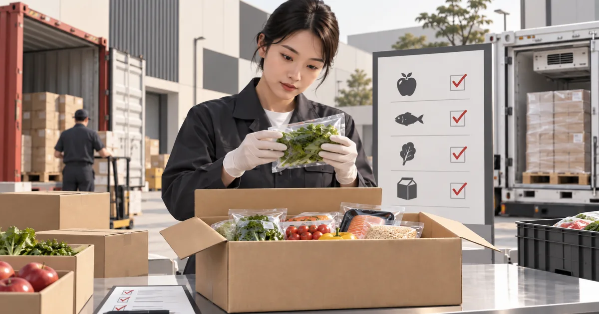 Editorial illustration of a worker examining packaged foods beside a refrigerated shipment