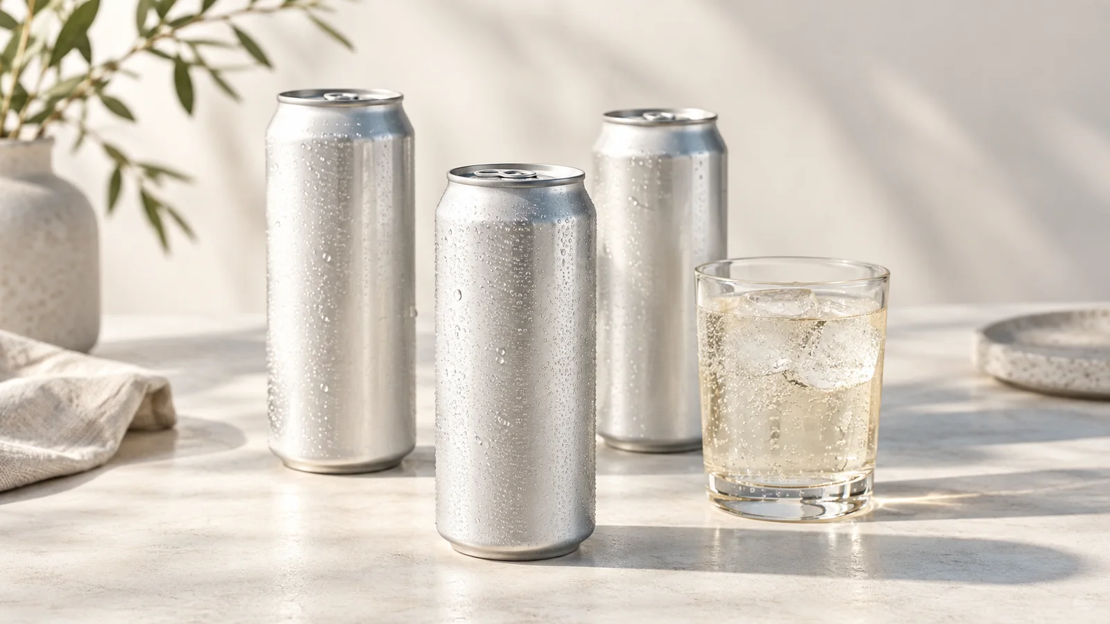 Illustrative image of unbranded beverage cans and a glass, not the client’s product.